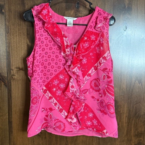 Vintage RICHARD MALCOLM Pink Floral Printed Silk Sleeveless Blouse Womens Medium - Picture 2 of 5